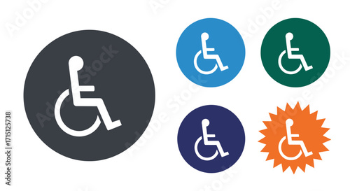 A versatile collection of wheelchair accessibility icons, representing disability and equal access, presented in various colors and styles for graphic design