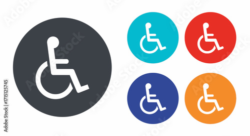Collection of wheelchair accessibility symbols in different colored circles, representing disability and inclusivity