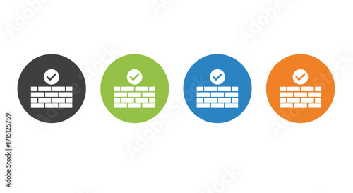 Digital security firewall with success checkmark vector icons set illustrating online protection, data integrity, and validated network defense concepts