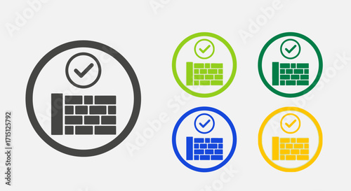 Set of colorful vector icons showing a brick wall with a check mark, symbolizing firewall protection, system security, and network validation