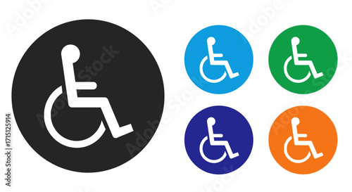 Black wheelchair user icon with a colorful set of variations. Graphic symbol representing disability, handicap access, and universal accessibility