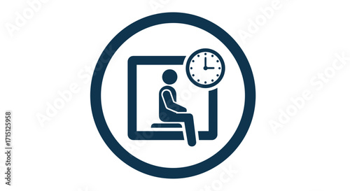 Simple flat icon of a person sitting in a waiting room with a clock, symbolizing the concept of patience, time management, and appointments