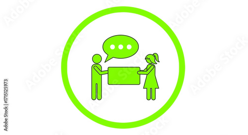 Dynamic green icon representing collaborative communication and teamwork between two individuals holding a blank presentation board, ideal for business meetings and information sharing concepts
