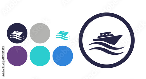 Vector icon set featuring a modern yacht on ocean waves, ideal for a marine business logo, boating club emblem, or travel brand identity