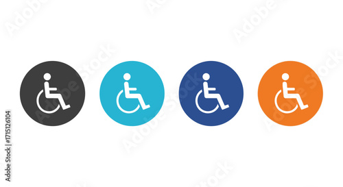 Set of four circular disability access icons in different colors gray, light blue, dark blue, and orange