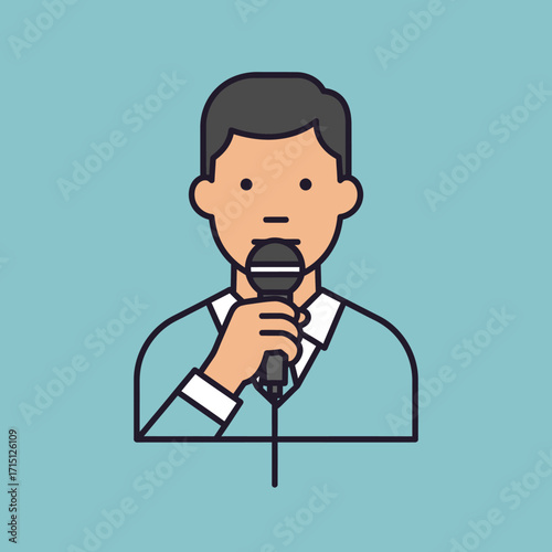 Man speaking into microphone delivering speech or presentation.