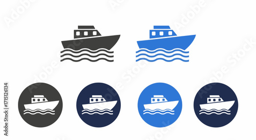 Collection of simple boat icons floating on waves, in a flat minimalist design. Motorboat and ship symbols in various colors for web or graphic use