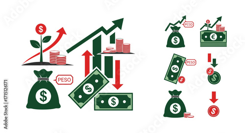 Financial Growth and Investment Concepts Illustrated with Money Bags, Currency, and Upward Trends