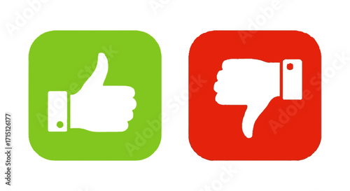 Thumbs Up and Down Icons of Approval and Disapproval in Green and Red
