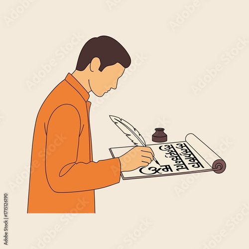 Man writing on scroll with quill and inkwell.