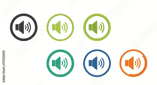 Collection of colorful speaker volume icon designs in various colors, sound symbols, multimedia concept