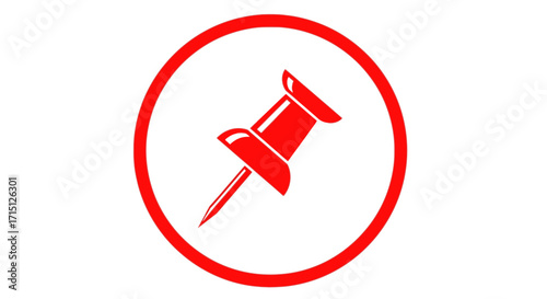 Red pushpin icon in a circle, a simple vector graphic of a thumbtack for marking locations, reminders, or office concepts, isolated on a white background