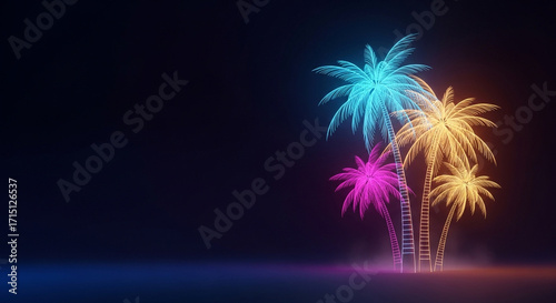 Neon Palm Trees at Night, Colorful Tropical Glow