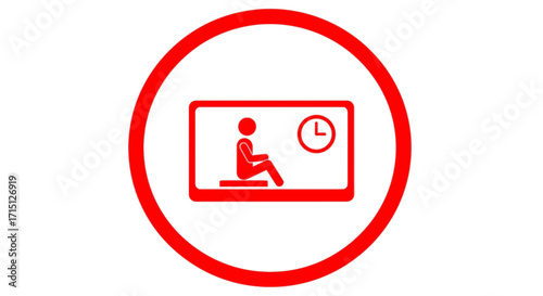 Red waiting room icon showing a person sitting next to a clock, a vector symbol for waiting time, appointments, and delays isolated on white