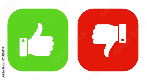 Green thumbs up and red thumbs down vector icons for like and dislike. Simple symbols representing approval and disapproval feedback on an isolated white background