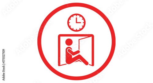 Red icon of a person reading a book with a clock overhead, symbolizing time management, studying, deadlines, and the importance of learning and education