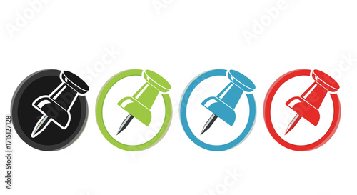 Vibrant collection of colorful pushpin icons set against a clean white background, ideal for web design, office themes, or digital organization and communication projects