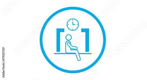 Simple blue icon of a human figure seated under a clock, a universal symbol for waiting, delays, and time management
