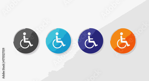 Set of four circular icons featuring the universally recognized symbol for accessibility, representing wheelchair access for disabled individuals on a clean, subtly shadowed background