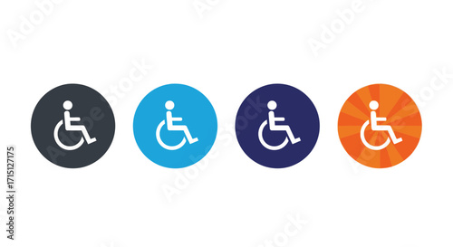 Collection of colorful circular wheelchair icons. Modern vector symbols for disability access, handicap signs, and universal design concepts