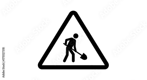 Minimalist black and white icon of a person digging with a shovel inside a triangular warning sign, symbolizing a website or project under construction, work in progress, or maintenance activities