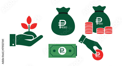 Vector icon set illustrating financial concepts like savings, investment, and economic growth with the Philippine Peso currency