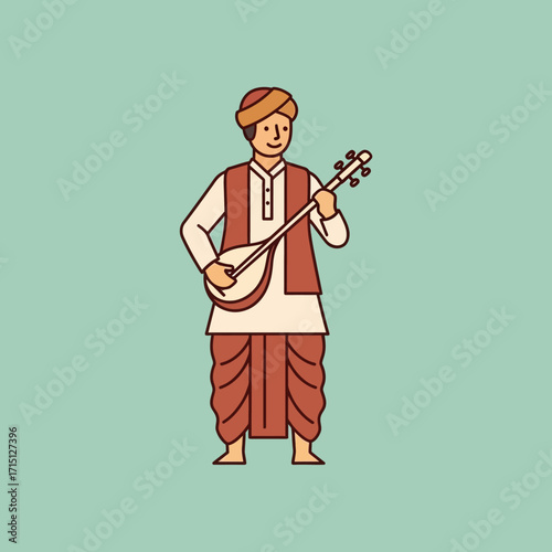 Cartoon illustration of an Indian musician in traditional attire playing a sitar.