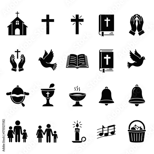 A comprehensive set of solid black Christian icons representing faith, worship, and religious symbols for graphic design projects