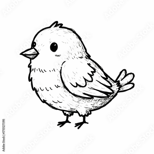 A charming, hand-drawn sketch of a plump little bird with a curious expression.