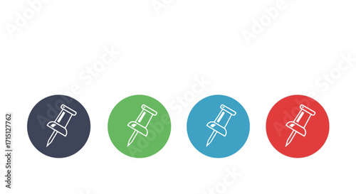 Colorful push pins in a row, representing organization, planning, and marking location or points, a vector graphic