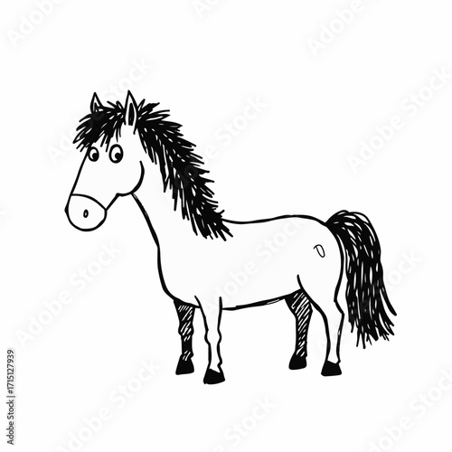 A simple black and white sketch of a horse with a shaggy mane and tail, standing on four legs.