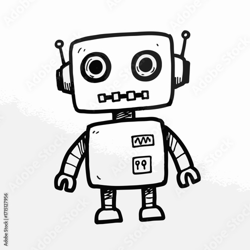A hand-drawn, black and white illustration of a cute, square-headed robot with antennae and simple facial features.