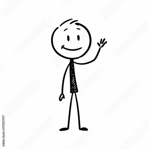 A simple black and white drawing of a stick figure waving hello with a smile.