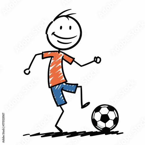 A simple, hand-drawn stick figure of a boy happily playing soccer with a ball.