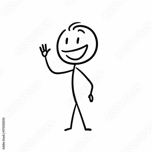 A simple black and white stick figure drawing of a happy person waving hello with a big smile.