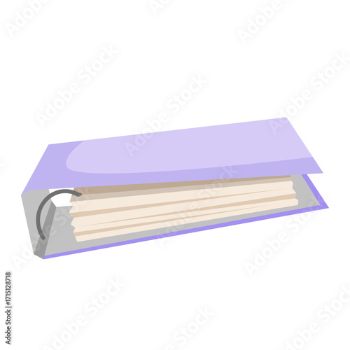 Open purple ring binder filled with stacked papers, flat graphic design style, isolated on white background. Concept of office organization. Vector illustration