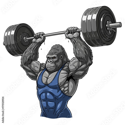 Vector illustration of anthropomorphic gorilla weightlifter lifting heavy barbells