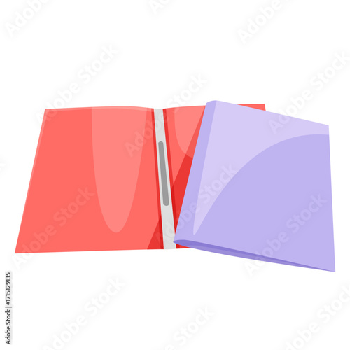Bright red and purple folders shown in cartoon style, isolated on white background. Concept of school supplies and organization. Vector illustration