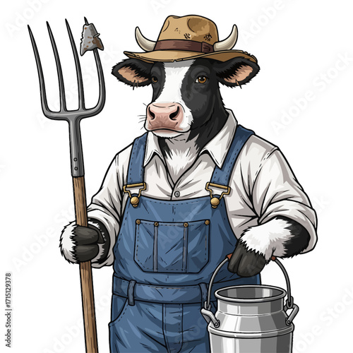 Vector illustration of anthropomorphic cow farmer with pitchfork and milk bucket