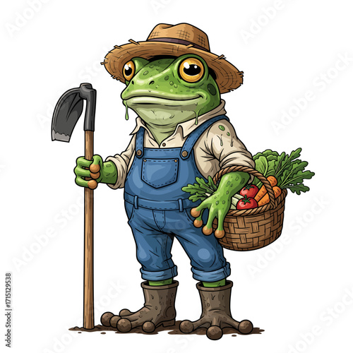 Frog farmer character vector illustration with straw hat, overalls, hoe, and vegetable basket in semi-realistic detailed style
