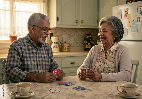 Happy Senior Couple Playing Cards in Kitchen