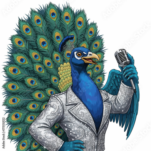 Vector illustration of anthropomorphic peacock singer with vibrant feathers and microphone