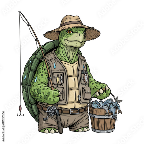 Vector illustration of anthropomorphic turtle fisherman with fishing rod and bucket of fish