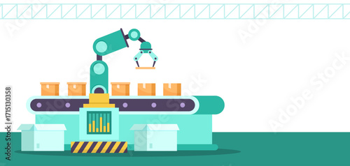 Automated robotic arm placing boxes on a conveyor belt in a warehouse, flat style, white background. Concept of smart factory automation. Vector illustration