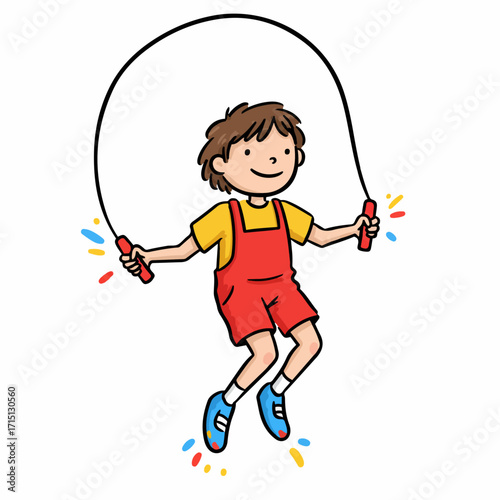 A happy cartoon child in red overalls and a yellow shirt is jumping rope with colorful sparks flying around them.