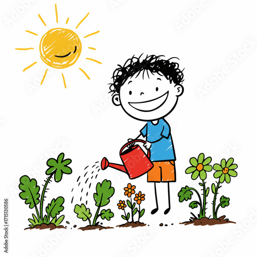 A happy child watering plants in a garden under the bright sun.