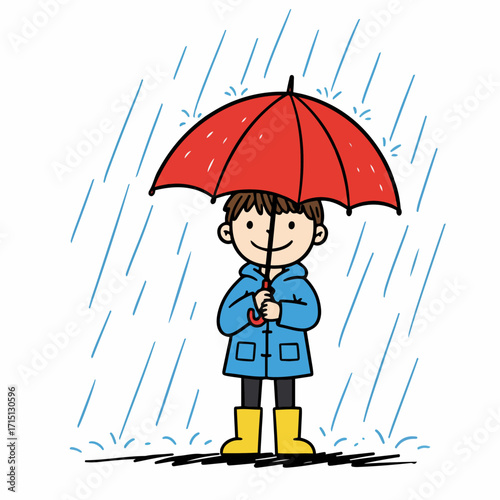 A cheerful cartoon child in a blue raincoat and yellow boots holds a red umbrella while standing in the rain.