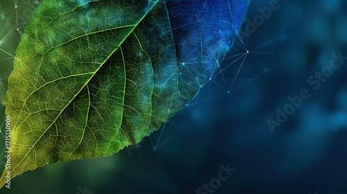Macro close-up of leaf texture with green and blue gradient background, minimalistic composition ideal for eco-friendly campaigns and product presentations.
