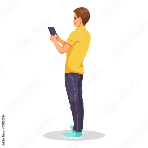 Young man standing and holding a tablet, cartoon style on white background. Concept of digital communication and technology. Vector illustration