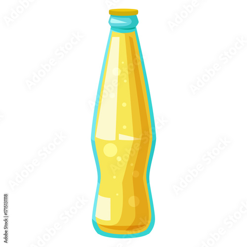 Cartoon-style transparent bottle filled with yellow lemonade with bubbles, isolated on white background. Concept of refreshing beverage. Vector illustration